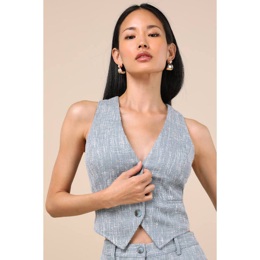 Lulus Alfonsa Light Blue Tweed Button-front Vest Top - Size S